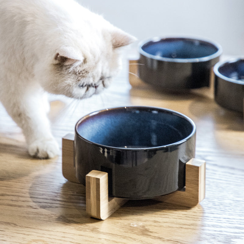 KATTMATSKÅL - robust i keramik för mat & vatten, dubbel/enkel, med eller utan trästativ