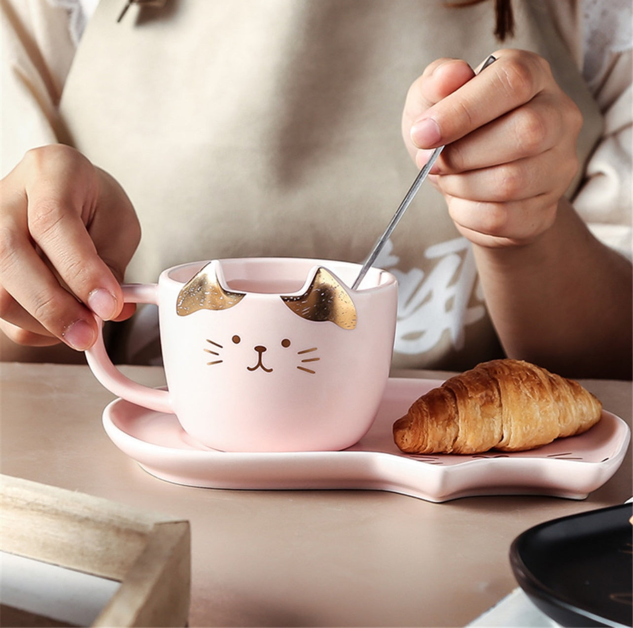 FIKASET - 3 delar i keramik kopp, fat & sked